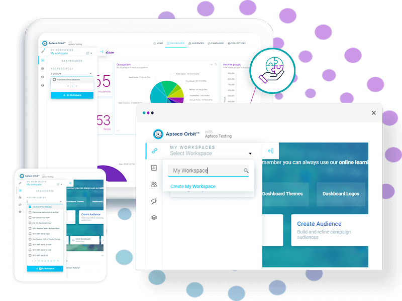 <b>Workspaces in Apteco Orbit</b>
This new feature links items for quicker navigation through the platform, and brings relevant resources together across features in a meaningful way.