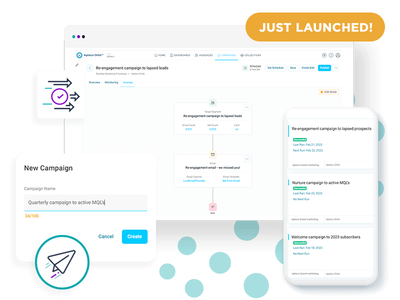 <b>Build campaign journeys in Apteco Orbit</b>
Connect your data and channels, extract actionable insights to build and refine your ideal target audience, then personalise your messages, automate and monitor your campaigns – all from one platform.