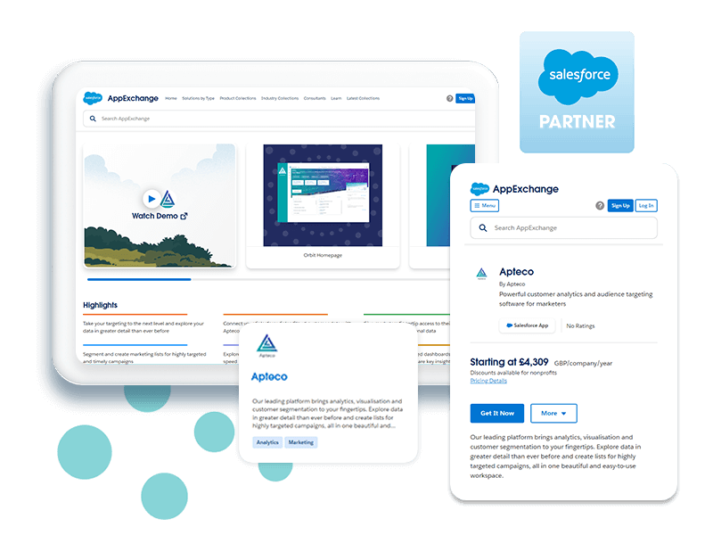 <b>Apteco is now available via the Salesforce AppExchange</b>
With just a few clicks you can install our Salesforce approved solution and connect it to your Salesforce data, applying the rich analysis, insight, and action capabilities of Apteco on your own Salesforce data within minutes!

