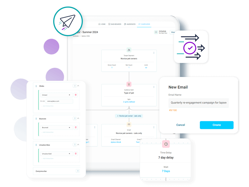 <b>Build multi-stage campaign journeys</b>
Apteco Orbit offers multi-stage campaigning, enabling you to expand a single-stage campaign flow to accommodate your recipients' interactions with previous communications. Create rules for moving recipients through a campaign using audience splits to ensure your messages are reaching the right audience segments.